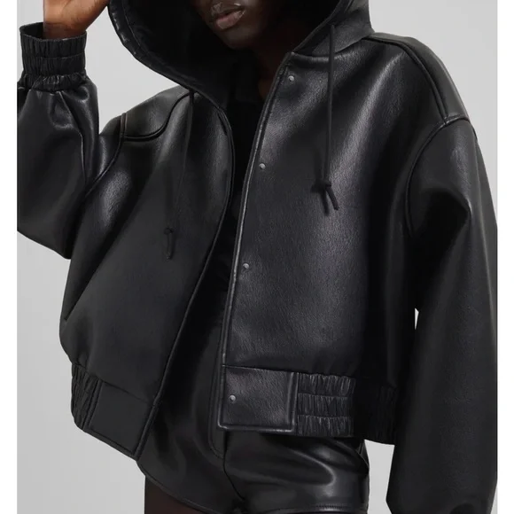 The Frankie Shop Black Leather Hooded Bomber Jacket - Picture 3 of 4